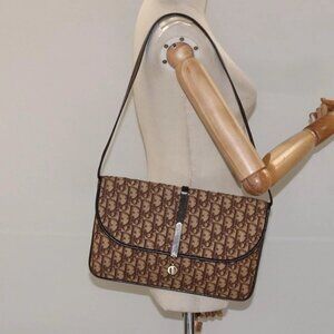 Christian Dior Trotter Canvas Shoulder Bag Brown Gold Auth 123133